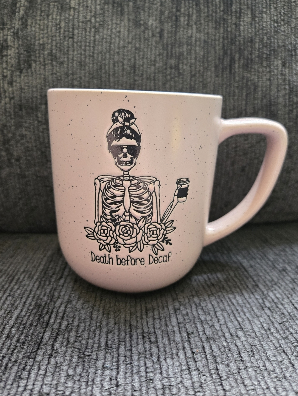 Pink Speckled "Death Before Decaf" Skeleton Gothic Coffee Mug - Market Finds